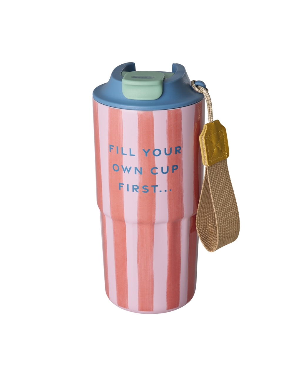 Thermosbecher von Rice in Orange-Rosa Organic Stripes Print mit blauem Deckel und Augfrschrift Fill Your Own Cup First