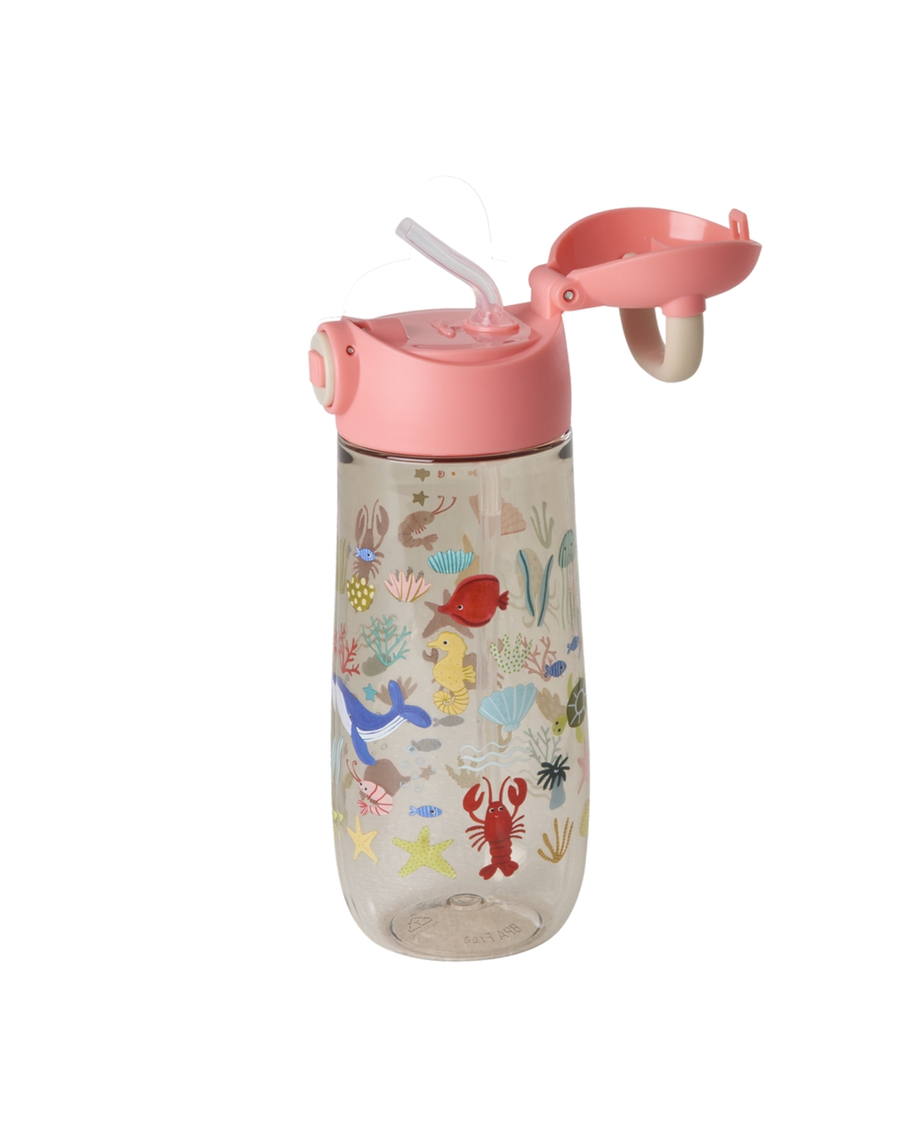 ice Trinkflashce aus Tritan in transparent beige mit Overall Ocean Motiven, PinkemDeckel und integriertem Strohhalm beim Aufklappen