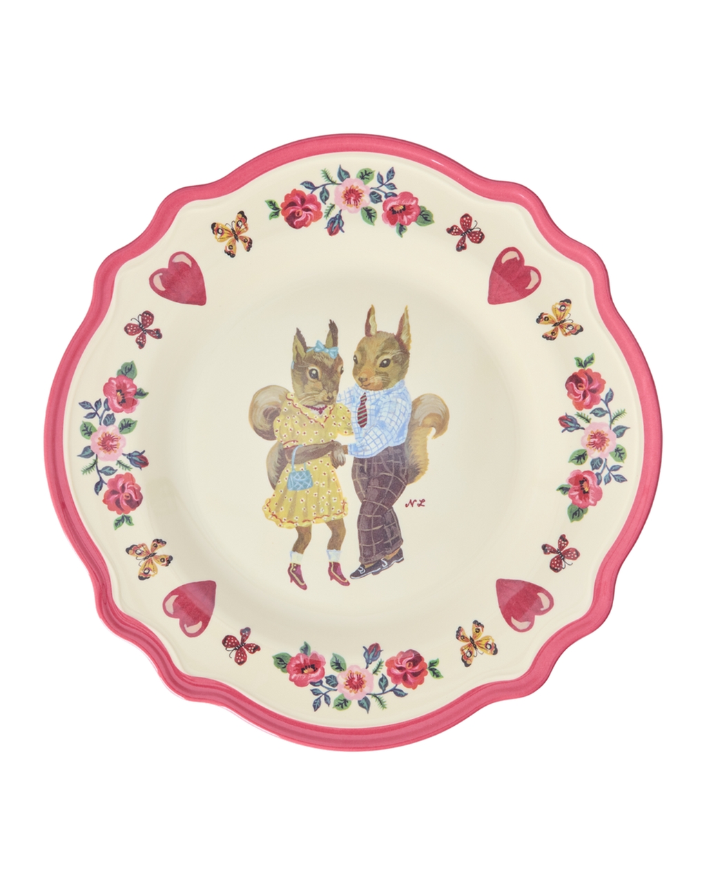 Größer Teller von Rice in Rot und Beige mit Nathalie Lété Motiv mit Herzen und Eichhörnchen-Paar
