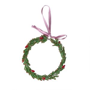 Weihnachtsbaumschmuck von Rice, Kranz aus Grünen und roten Perlen mit einer rosafarbigen Schleife verziert
