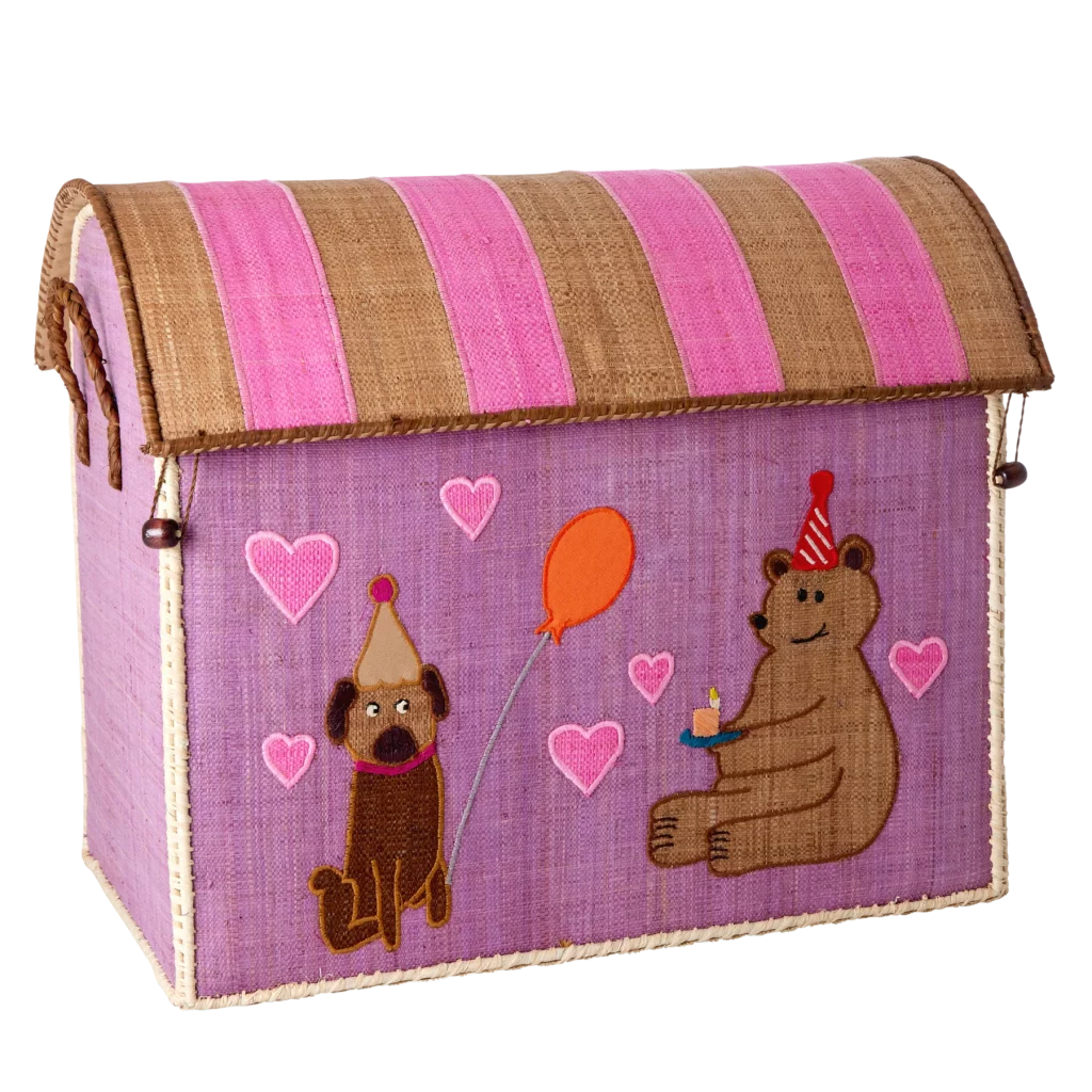 Großes Raffia Aufbewahrungshaus von Rice mit Motiv Party Animals In lila mit Pink gestreiftem Dach und auf der Vorderseite ein Hund und ein Bär mit Partyhüten
