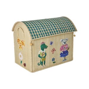 Raffia Aufbewahrungshaus von Rice in Kooperation mit Nathalie Lété mit grün & biege kariertem Dach. Vorne ist ein Krokodil und eine Koaladame abgebildet.