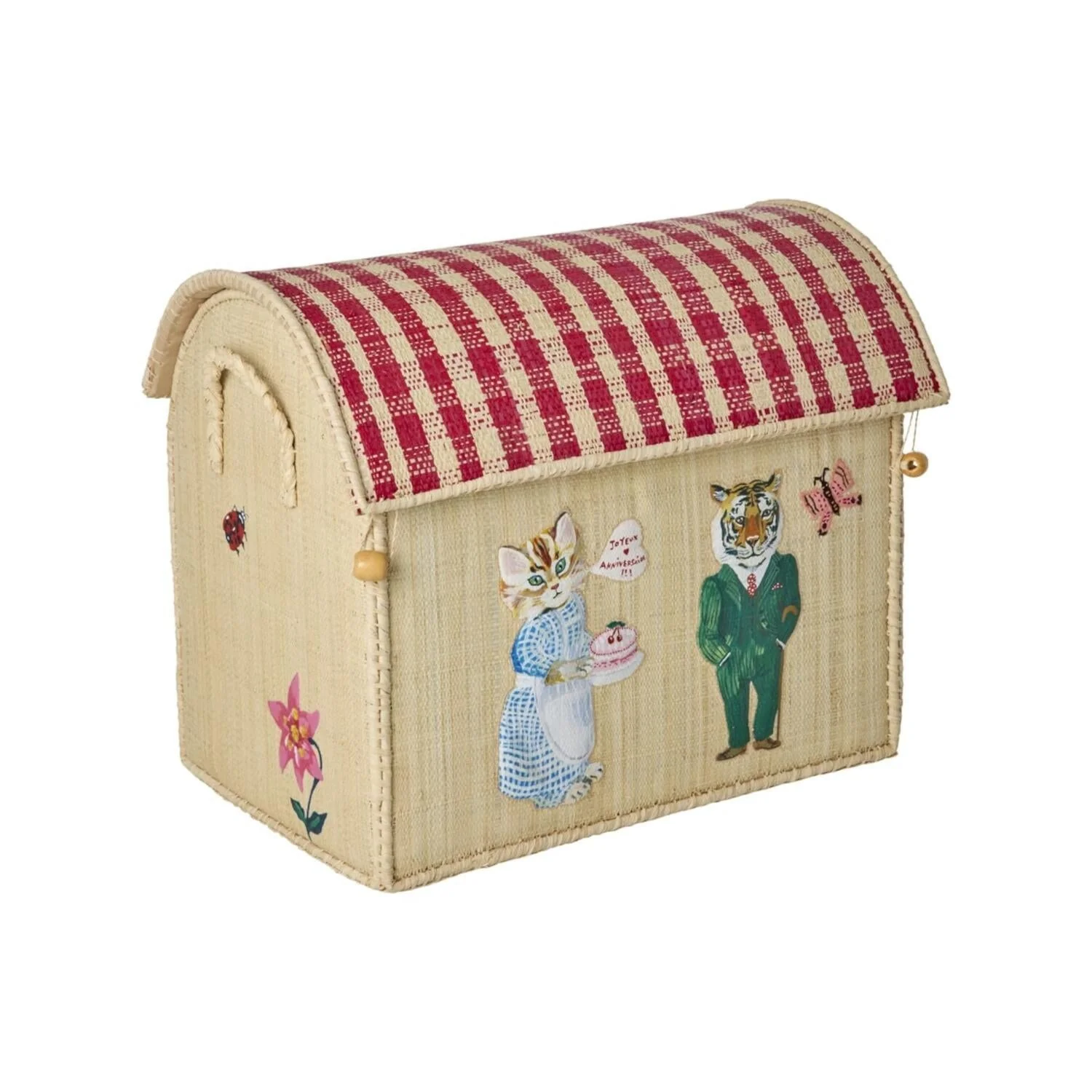 Aufbewahrungshaus aus Raffia von Rice aus der Kooperation mit Nathalie Lété. Das Dach ist Rot und Beige Kariert vorne ist eine Katzendame und ein Tigerherr zu sehen