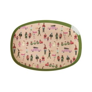 Rechteckiger Beilagenteller von Rice in Altrosa mit weihnachtlichem Alloverprint und olivgrünem Rand