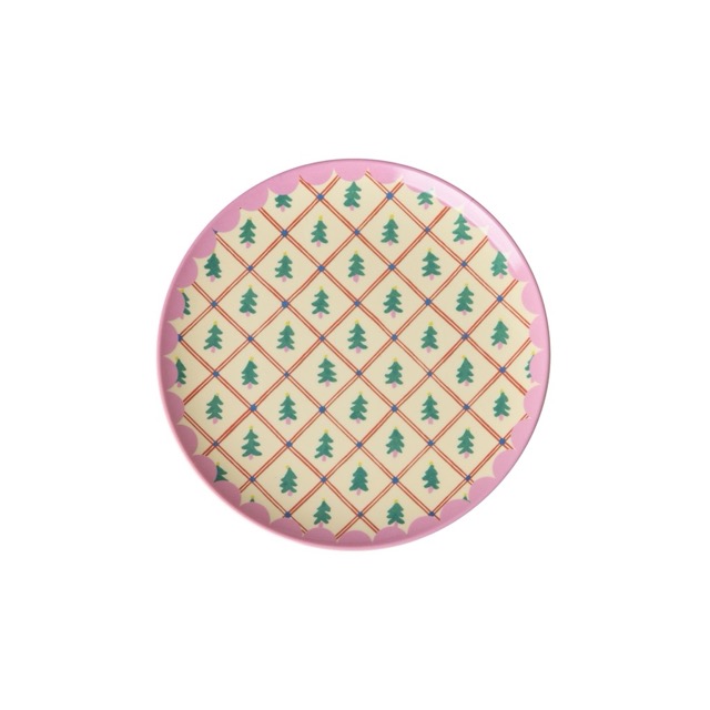 kleiner Runder Teller von Rice in Beige mit kleinen grünen Tannenbäumen Allover und rosa Rand