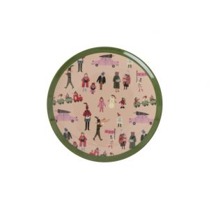Kleiner runder Teller vom Rice in Altrose mit Olivgrünem Rand und Allover Print mit Weihnachtsmotiven