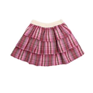 Rosa karierter Baumwollrock mit beige Gummiband in das der Text "The New Society" eingewebt ist.