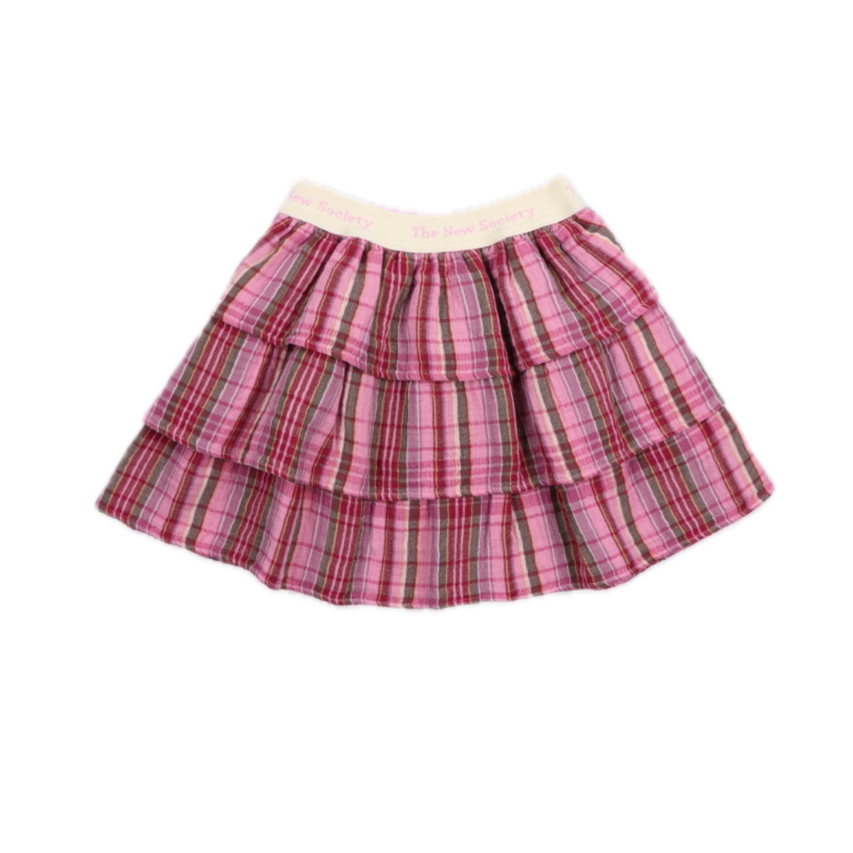 Rosa karierter Baumwollrock mit beige Gummiband in das der Text "The New Society" eingewebt ist.