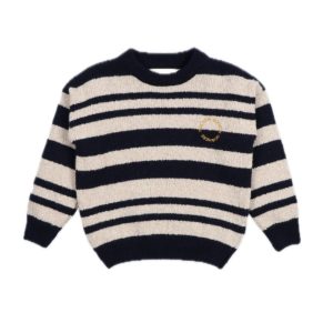 Strickpullover in Dunkelblauen & Beigen Streifen mit gelbem TNS Logo auf der Brust