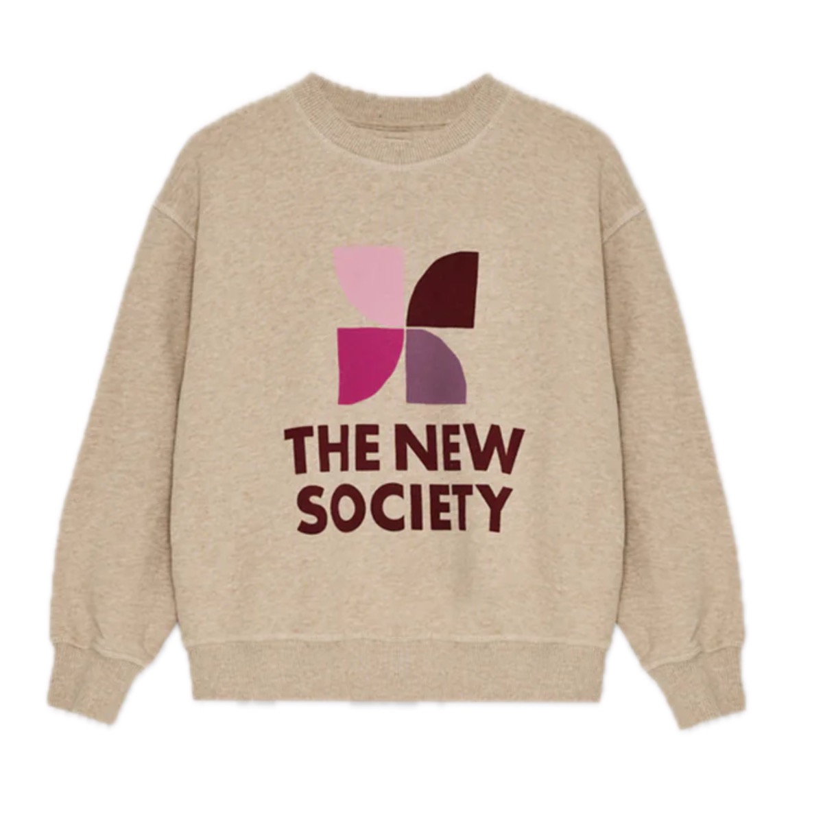 Logo Sweatshirt in Beige Melange mit Logo in Pink, Rosa & Lila und der Aufschrift "The New Society"