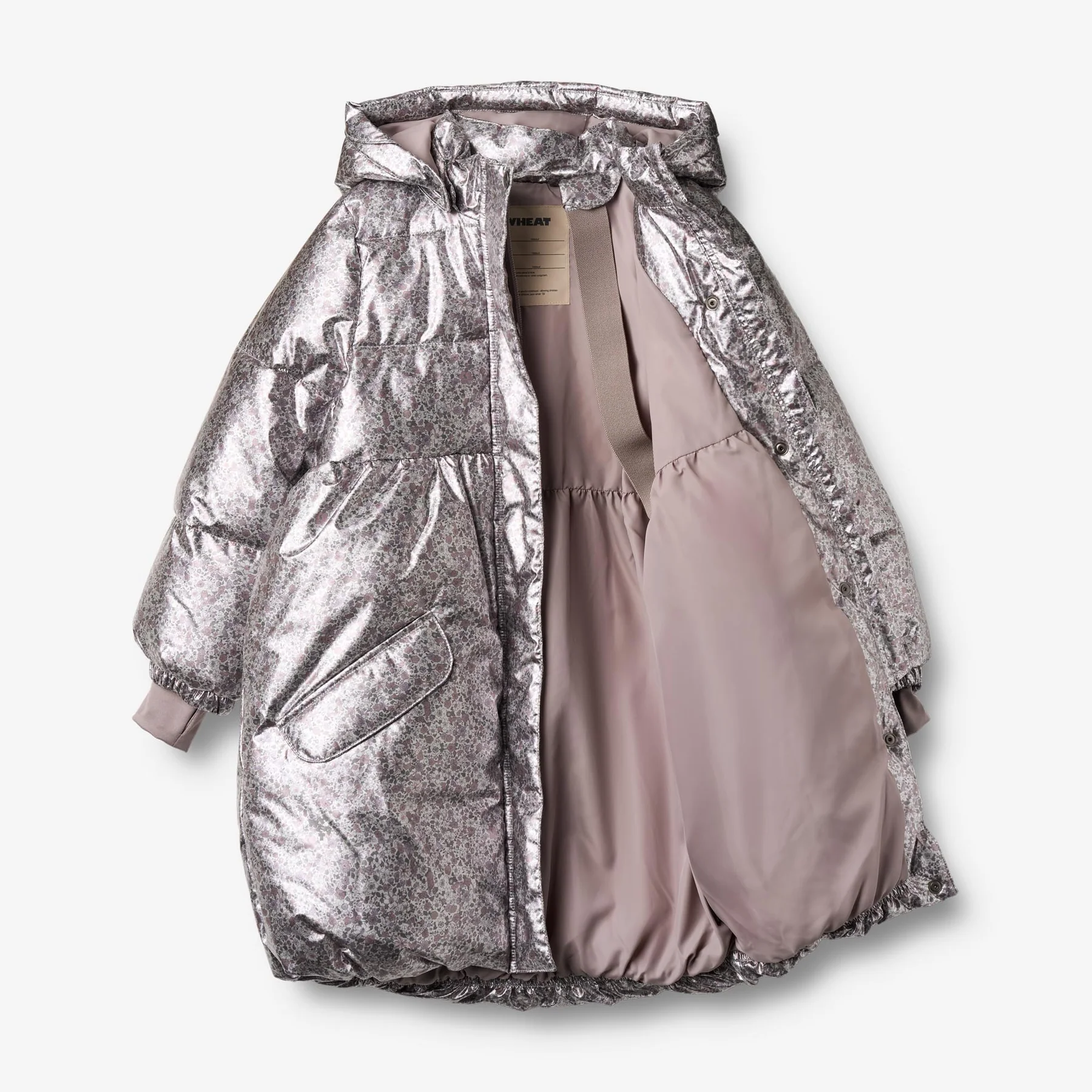 Wheat Daunenmantel Luna in Silber mit Ton in Ton Blumenmuster (Innenansicht mit Fleecefutter in Rosa)