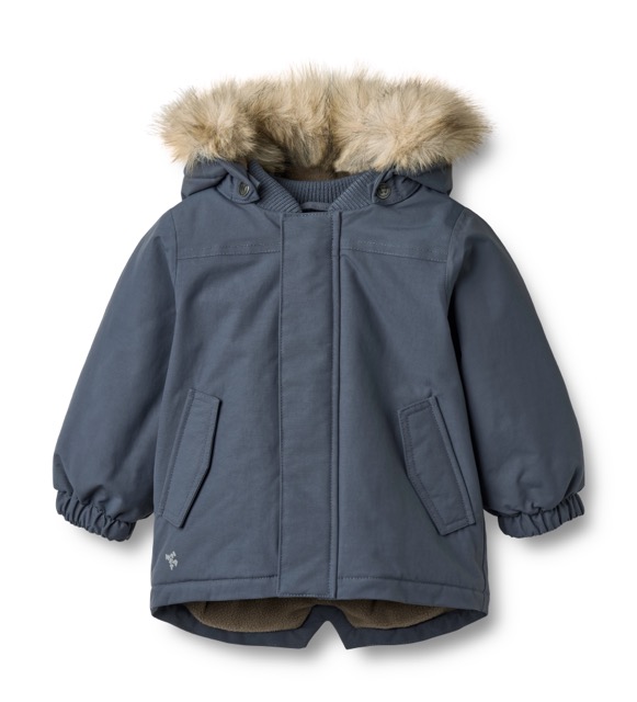 Dunkelblaue Winterjacke mit FellkragenKapuze und Reißverschluss