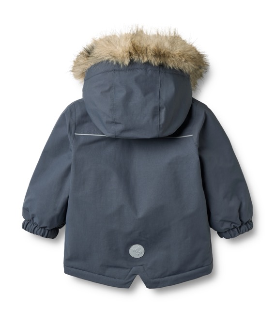 Dunkelblaue Winterjacke mit FellkragenKapuze und Reißverschluss (Rückansicht mit Reflektor)