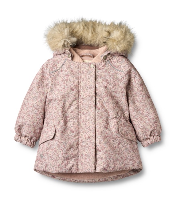 Mädchen Winterjacke mit Fellkragen in Hellrosa mit Streublumenmuster Ton in Ton