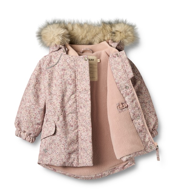 Mädchen Winterjacke mit Fellkragen in Hellrosa mit Streublumenmuster Ton in Ton
