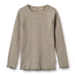 Beige Meliertes Longsleeve mit Rundhalsausschnitt und gewelltem Saum