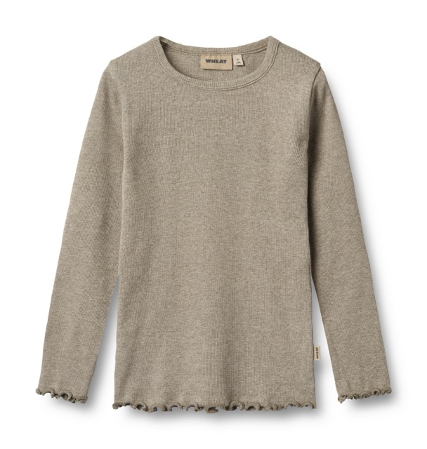 Beige Meliertes Longsleeve mit Rundhalsausschnitt und gewelltem Saum