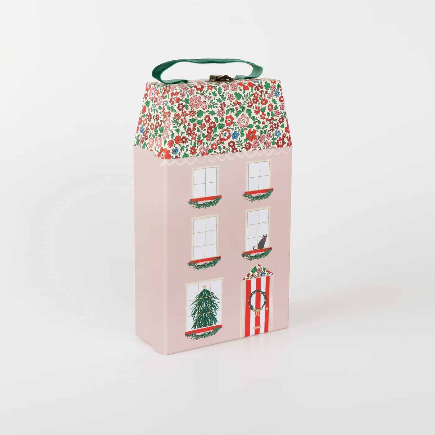 Meri Meri Adventskalender in Form eines rosafarbigen 2-stöckigen Haus mit Dach im Blumenmuster