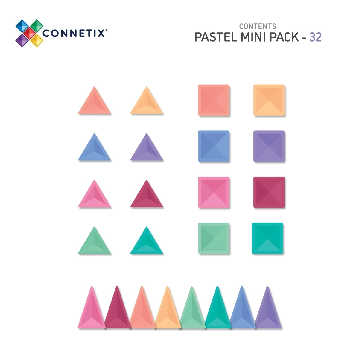 Teile die im Connetix Mini Pastel Pack enthalten sind