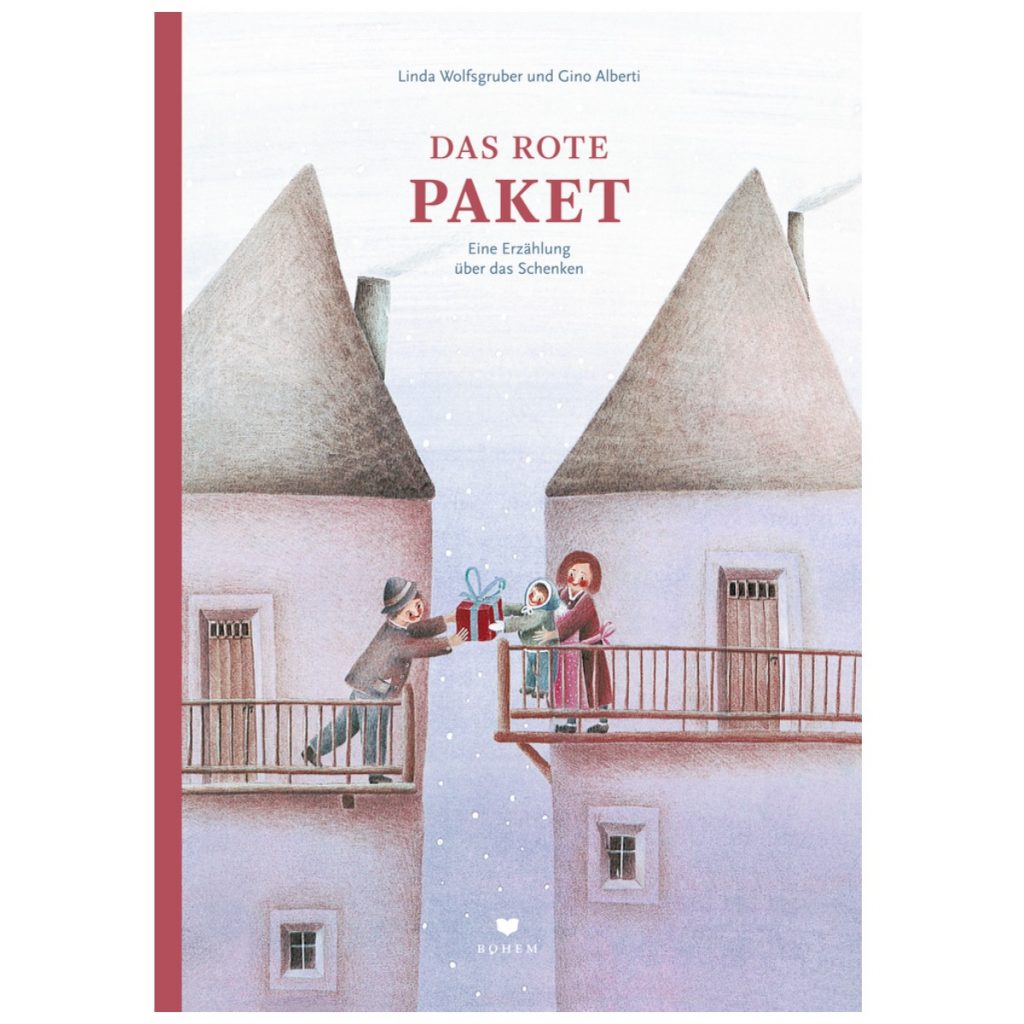 Bilderbuch für Kinder vom Coppenrath Verlag "das rot Paket" 2 Türme über deren Geländer sich 2 Menschen ein Paket überreichen