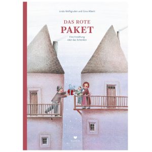 Bilderbuch für Kinder vom Coppenrath Verlag "das rot Paket" 2 Türme über deren Geländer sich 2 Menschen ein Paket überreichen