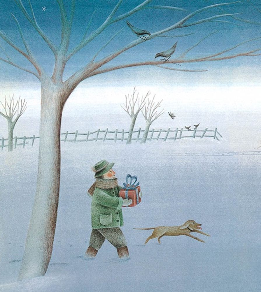 Bilderbuch für Kinder vom Coppenrath Verlag "das rot Paket" 2 Türme über deren Geländer sich 2 Menschen ein Paket überreichen (Bild von Kind im Schnee)