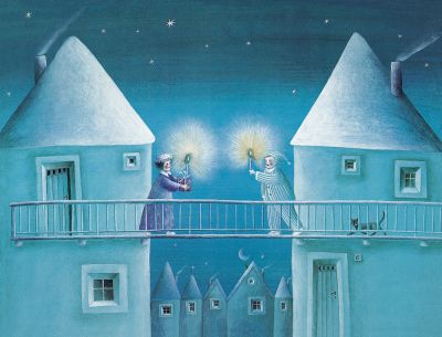 Bilderbuch für Kinder vom Coppenrath Verlag "das rot Paket" 2 Türme über deren Geländer sich 2 Menschen ein Paket überreichen (gleiches Bild bei Nacht)