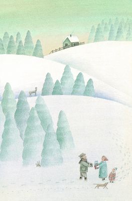 Bilderbuch für Kinder vom Coppenrath Verlag "das rot Paket" 2 Türme über deren Geländer sich 2 Menschen ein Paket überreichen (Bild von einer weiß grünen Schneelandschaft)