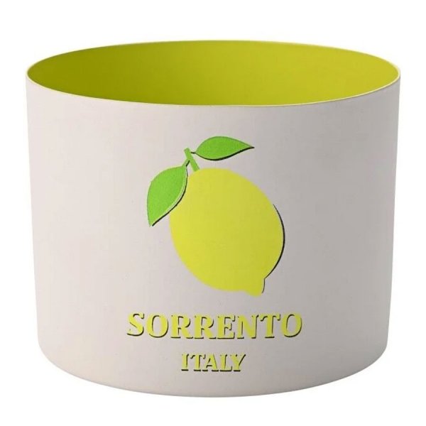 Windlicht von Gift Company in Weiß und innen Neongelb mit neongelber Zitrone und neongelber Schrift Sorrenti Italy