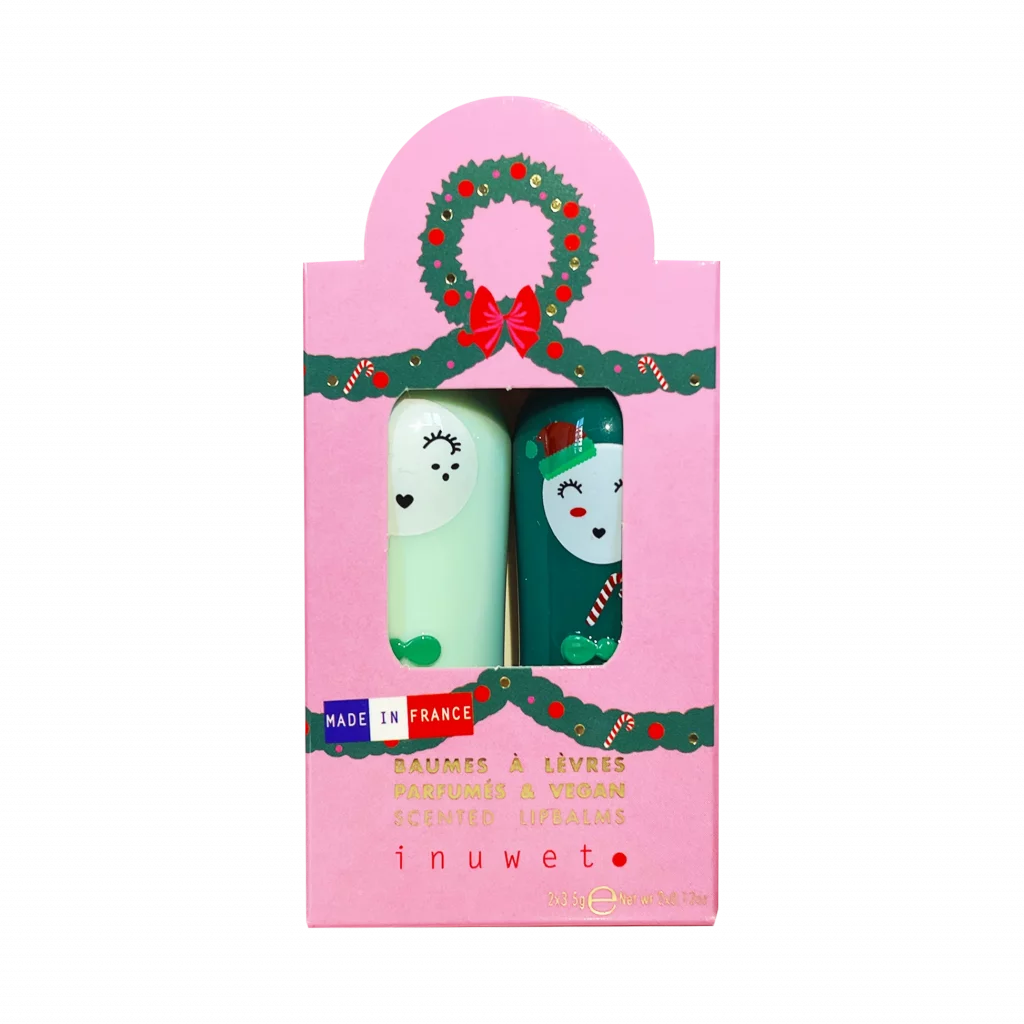 Inuwet Weihnachtsset Dup Lipbalm in Mint und Dunkelgrün mit rosafarbiger weihnachtlicher Verpackung