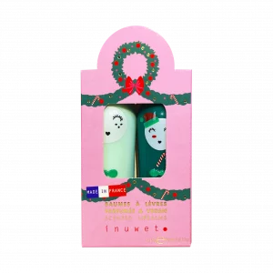 Inuwet Weihnachtsset Dup Lipbalm in Mint und Dunkelgrün mit rosafarbiger weihnachtlicher Verpackung