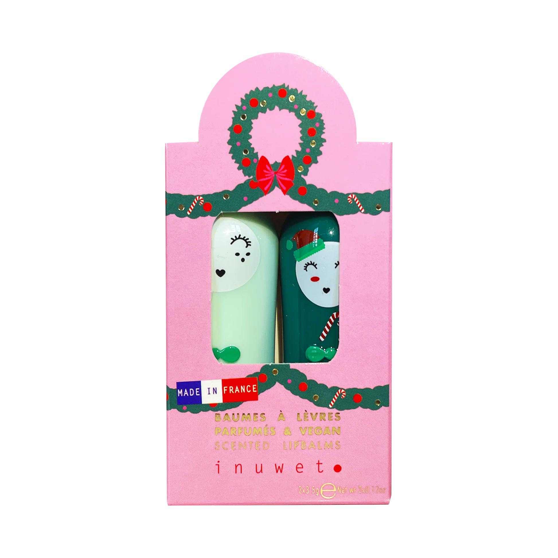 Inuwet Weihnachtsset Dup Lipbalm in Mint und Dunkelgrün mit rosafarbiger weihnachtlicher Verpackung