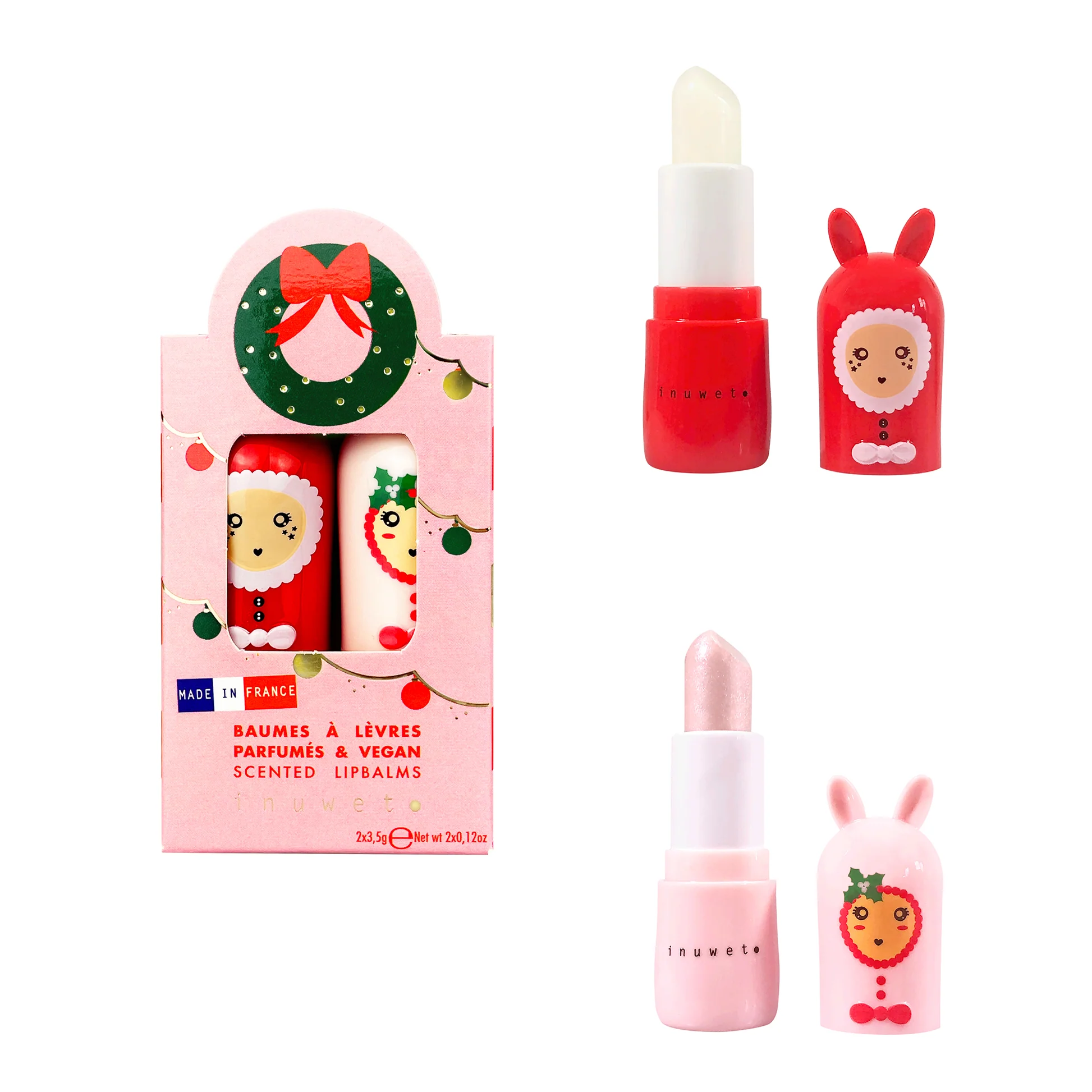 2er Set Lipbalms in weihnachtlicher Geschenkverpackung von Inuwet mit einem roten und einem rosa Lipbalm