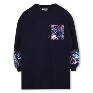 Dunkelblaues langärmliges Sweatkleid von Billieblush mit Paillettenapplikation an den Armbündchen und der aufgesetzten Brusttasche