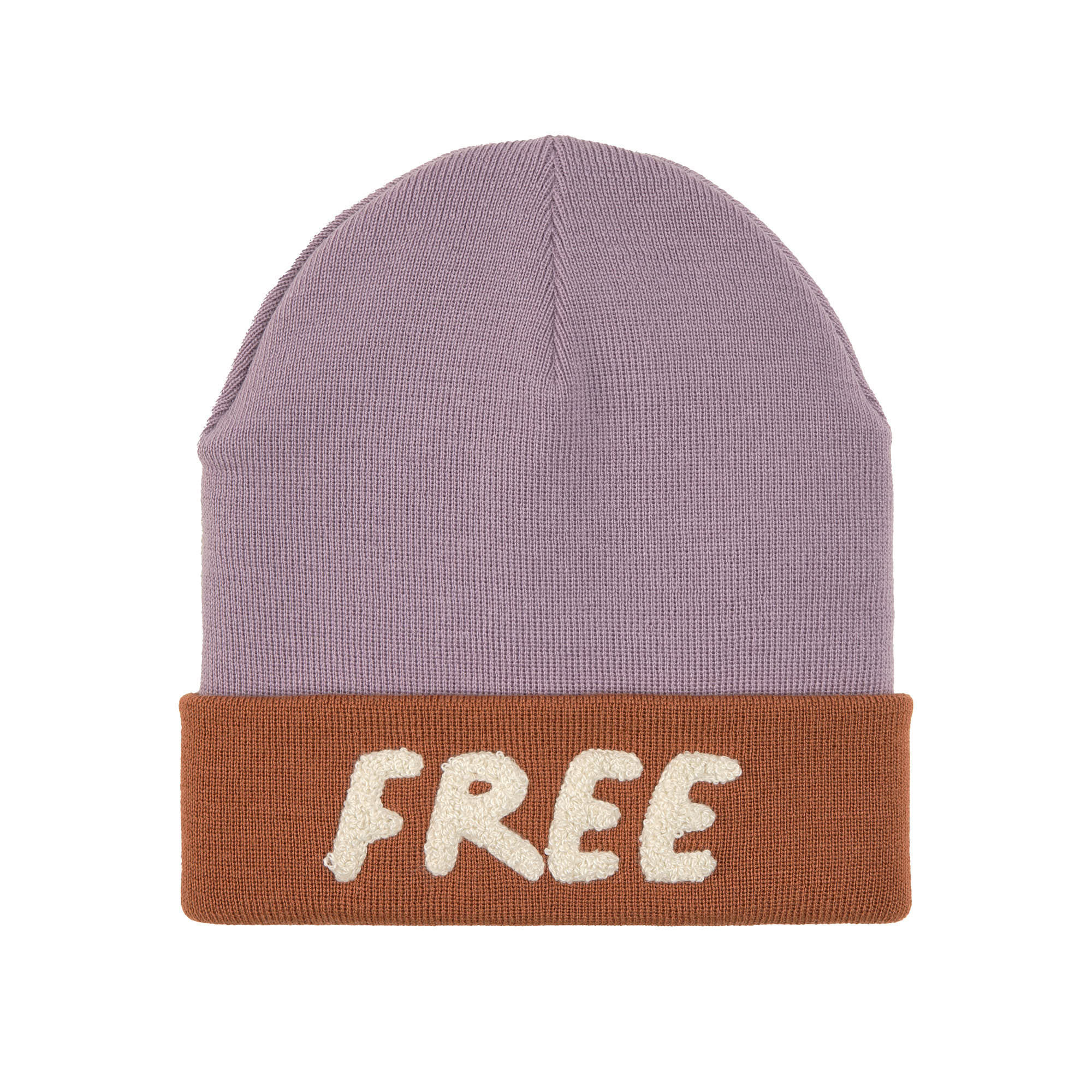 Merino Mütze von Lässig aus der Kollektion Little Gang in Flieder & Karamell mit weißen Großen Buchstaben am Bund "FREE"