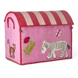 Große Raffia Box von Rice in Pink Motiv Wildlife mit Schmetterling, Marienkäfer & Zebra