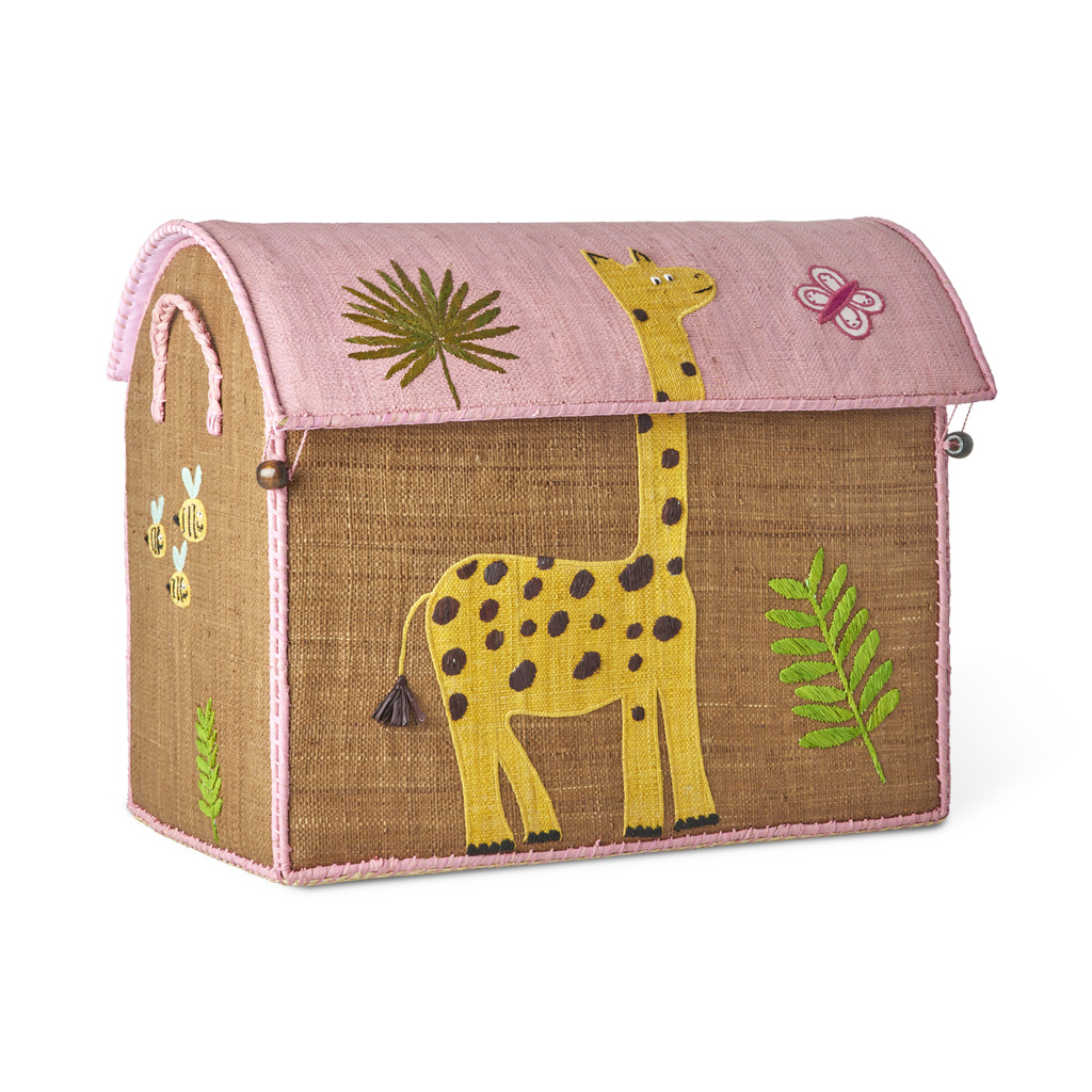 Rice Raffia Box Wildlife mittel von Rice in Natur mir rosafarbigem Dach und großer gelber Giraffe