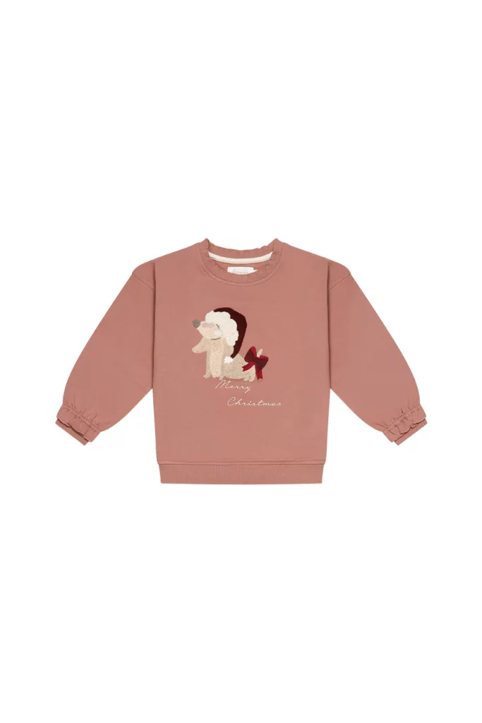 Leevje Weihnachtspulli für Kinder mit Dackel mit Weihnachtsmütze gestickt auf Sweatshirt in Altrosa