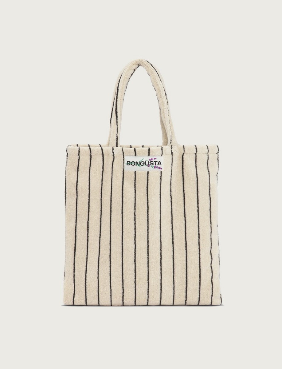 Bongusta Naram Totebag in Beige mit Dunkelblauen Streifen und Markenpatch auf der Vorderseite