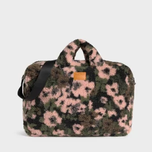 Wouf Weekendbag in Teddystoff mit rosa und grünen Blumen auf dunkelgrauem Grund